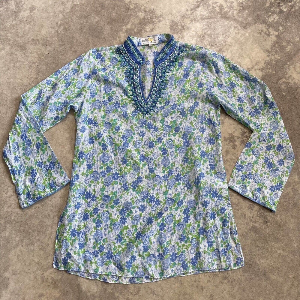 Bella Tu Jeanne D Gopi Vaid Blouse Womens XS‎ Tunic Beaded Neckline Floral